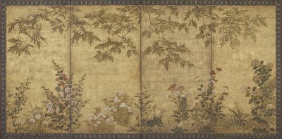 Mimosa Tree, Poppies, Hollyhocks and Other Flowers by Kitagawa Sosetsu